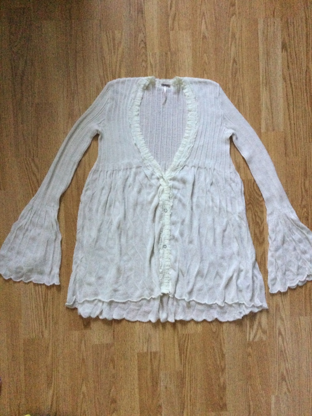 Free People Long Sleeve Lightweight Knit Cardigan XS Lace Trim Cream Relaxed